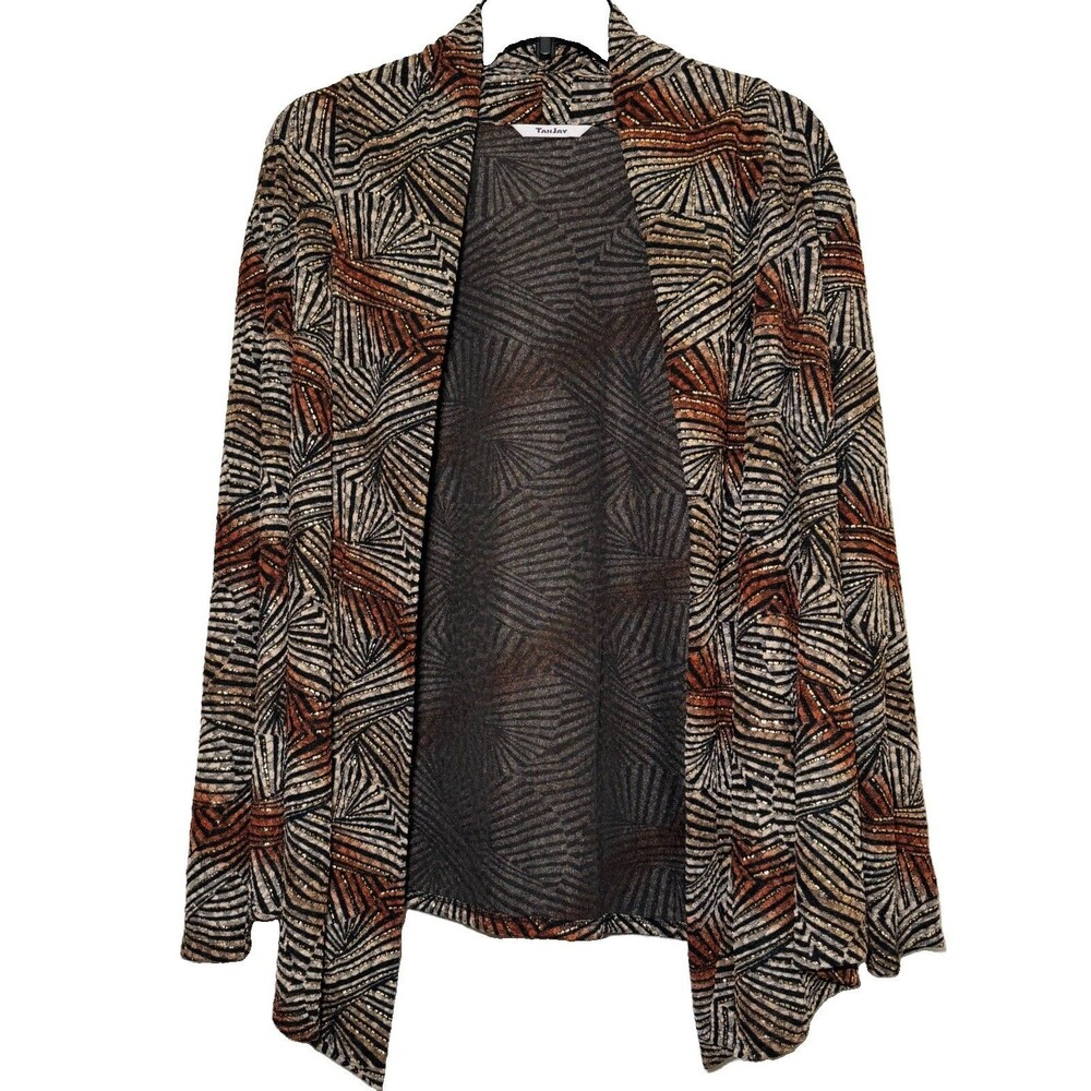 TanJay Women’s Open Front Cardigan Jacket Brown Gold Geometric Metallic Size L